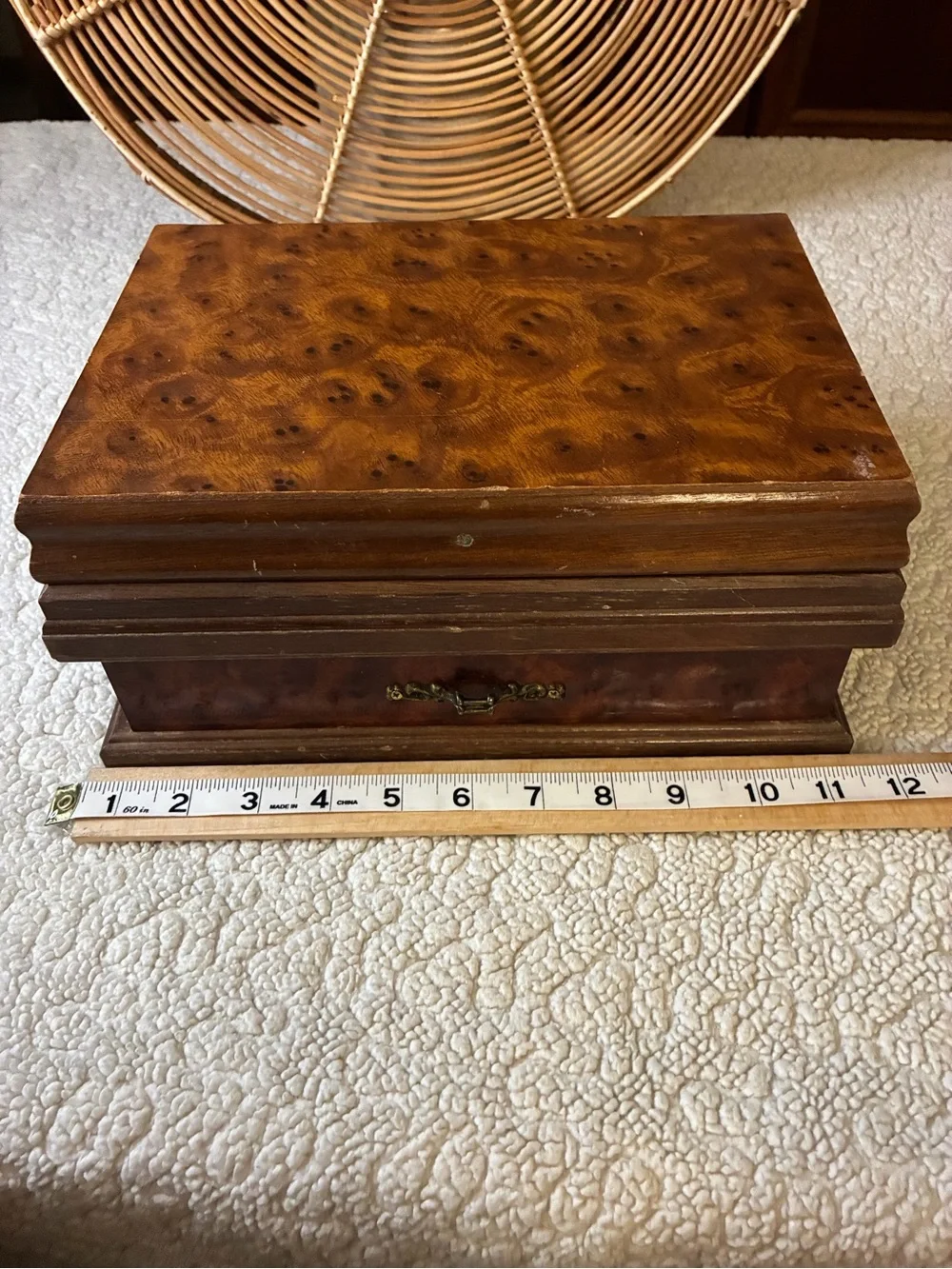 Vintage Style Burl Wood Jewelry Box Organizer Mirror Drawer Brass Hardware